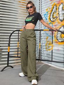 SHEIN EZwear 女士夏季拉鍊飛躍式翻蓋口袋貨物牛仔褲 - 綠色 - 查看 5