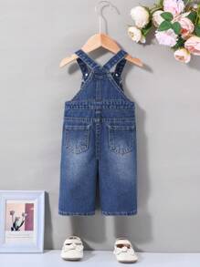 SHEIN Baby Girls  Denim Jumpsuit With Pockets Denim Jumpsuit Without Tee Summer Outfits