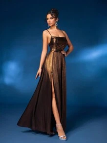 Glamrae 优雅奢华垂坠领口露背毕业派对礼服，后系带和高开衩礼服（厚重款式）正式晚宴婚礼宾客礼服，适合晚宴 - 咖啡棕 - 查看 5