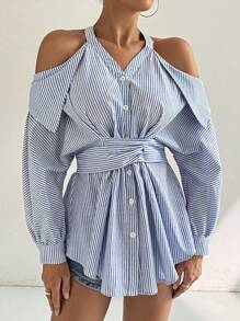 SHEIN Privé Áo sọc lạnh vai gấp xếp chi tiết - Màu xanh lam - Xem 2