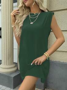 INAWLY Solid Slant Pocket Tunic Dress - Green - View 4
