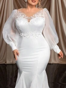 SHEIN Belle Plus Size White Luxury 3D Handmade Beaded Lace Applique Wedding Dress Bridal With Elegant Fish Tail And Long Train Long Sleeve Dress