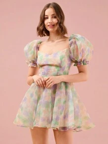 Enchnt Colorful Tie-Dye Puff Sleeve Dress