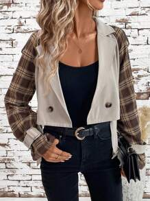 SHEIN Clasi Women's Plaid Patterned Elegant Coat With Light Khaki Sleeve Panels, Short Length - Multicolor - View 5