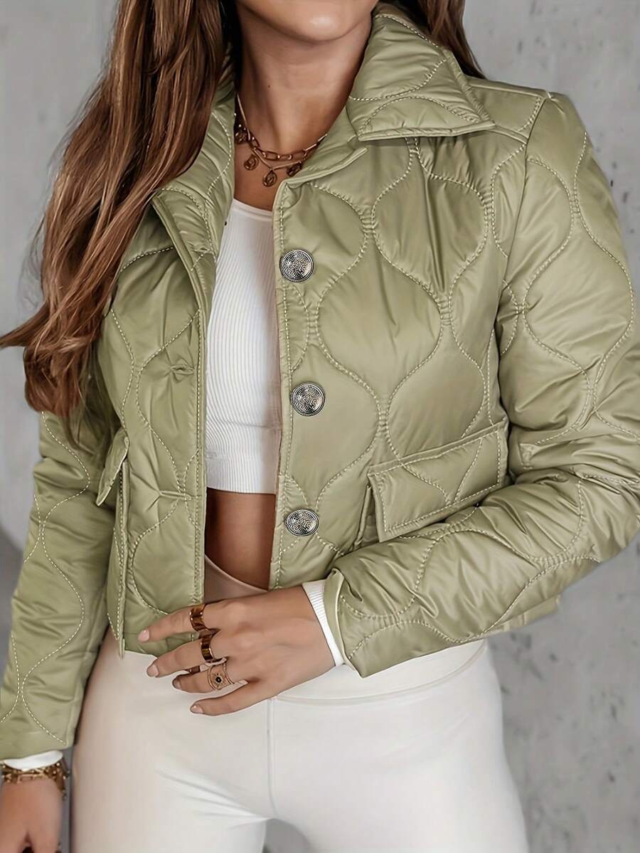 Manteau matelassé boutonné devant avec détails de rabat pour l'hiver - Vert olive - Voir 1