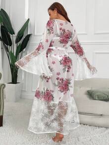 Floral Printed Mesh Long Nightgown With Lace Patchwork