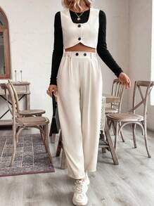 SHEIN Clasi 2pcs Women's Casual Button Embellished Cropped Vest Jacket And Pants Suit - Beige - View 1