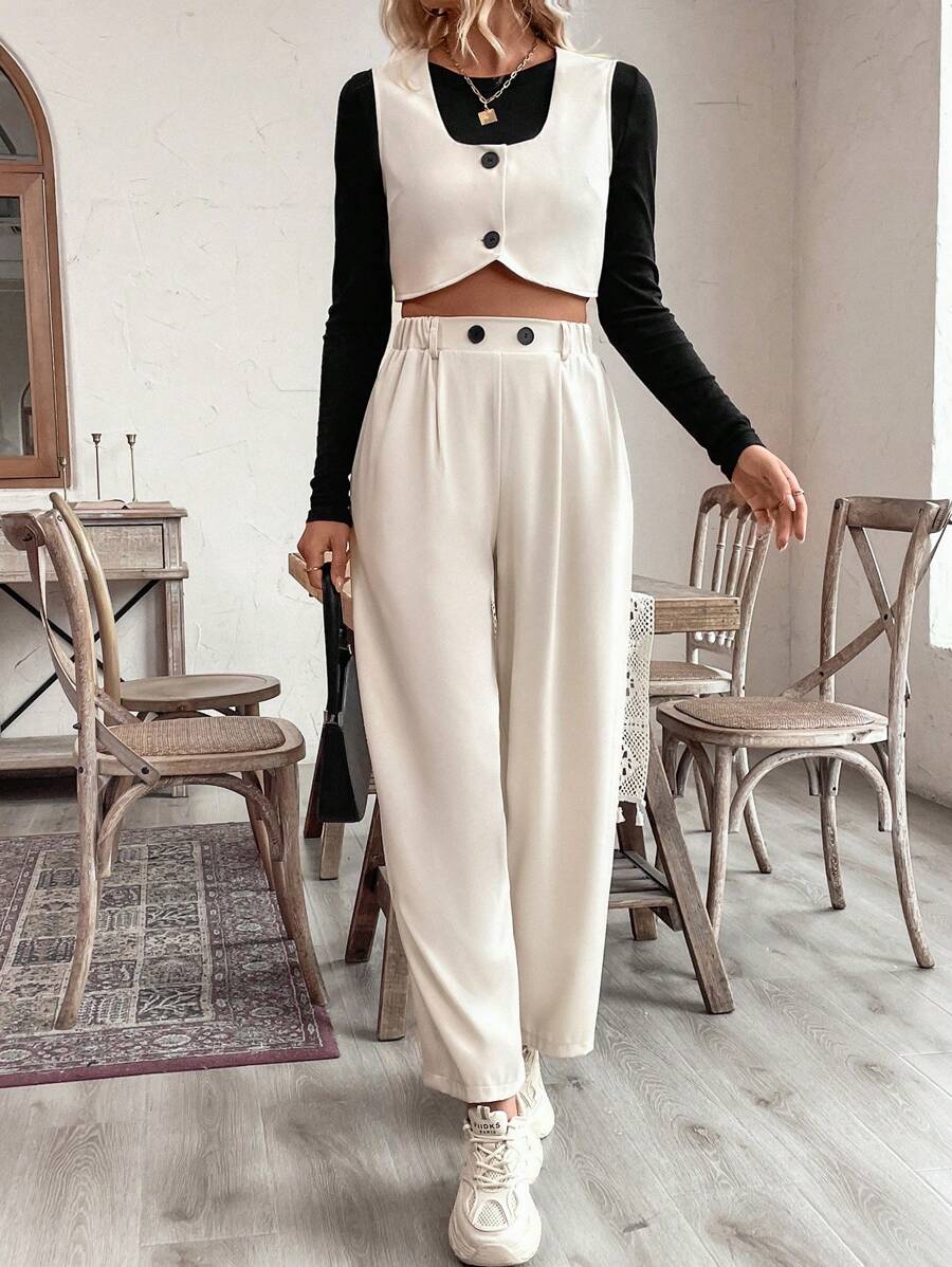 SHEIN Clasi 2pcs Women's Casual Button Embellished Cropped Vest Jacket And Pants Suit - Beige - View 1