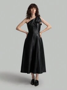 Ontre Women Asymmetrical Shoulder Swing Dress, Autumn Casual Dress For Party, Back To School Outfit - Black - View 8