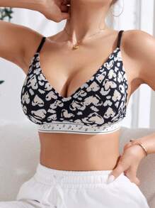 2pcs Women's Printed Bra Set With Spaghetti Strap, Casual & Comfortable, Open Back Design