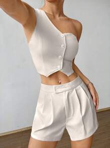 Flirla One Shoulder Asymmetrical Hem Crop Top & Shorts - Apricot - View 6