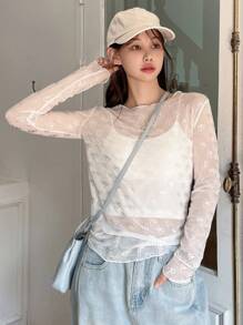 DAZY 女士春夏蝴蝶网纱透视长袖圆领上衣外出上衣长袖女上衣 - 白色 - 查看 4