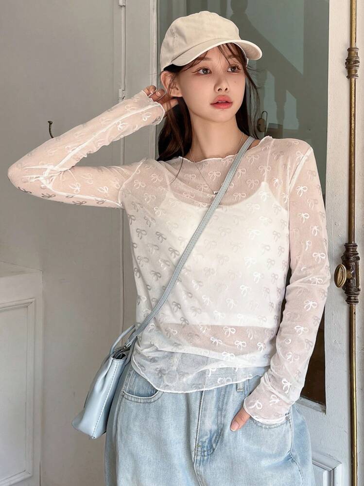 DAZY 女士春夏蝴蝶网纱透视长袖圆领上衣外出上衣长袖女上衣 - 白色 - 查看 4