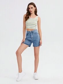 SHEIN EZwear 女裝純色簡約日常丹寧短褲 - 深色水洗藍 - 查看 4