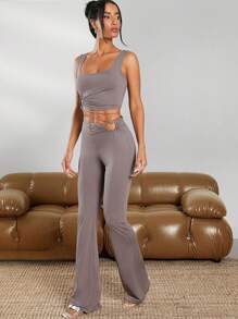 SHEIN Unity 女式灰褐色方领镂空平纹针织系带短款背心和喇叭裤 - 淺灰紫 - 查看 1