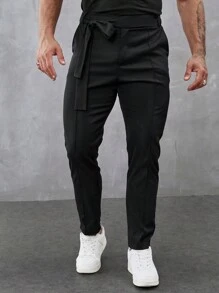 Manfinity Homme Men's Plain Belted Suit Trousers For Work, Simple Style For Ceremony Formal - Black - View 7
