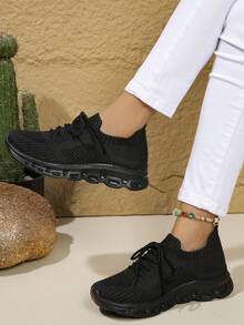 Zapatillas deportivas negras para correr, caminar, hacer ejercicios y fitness para dama, con cordones de encaje y diseño ligero y sencillo de moda - Negro - Ver 4
