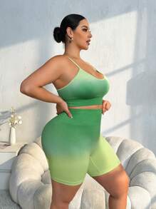 SHEIN Sport Gameset Plus Size Women's Ombre Tie-Dye Camisole Tank Top And Shorts Sports Set