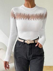 SHEIN Essnce 2024 neuer europäischer Herbst/Winter sexy durchsichtiger Strickpullover mit einzigartigem Design und Langarm, Langarm Oberteile - Weiss - Übersicht 5