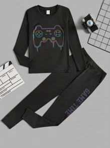 SHEIN Tween Boy 反光游戏手柄和字母图案贴身睡衣套装 - 黑色 - 查看 5