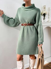 EURMUSE Women Balloon Sleeve High Neck Sweater Dress - Green - View 8