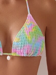 Tie Dye Smocked Halter Triangle Summer Beach Bikini Set - Multicolor - View 8