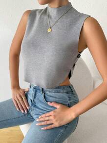 SHEIN Essnce Women's Grey Summer Casual Everyday Solid Stand Collar Sleeveless Knitted Crop Top,Back To School Sweater Vest,Fall Winter Clothes Outfits Halloween - Grey - View 3