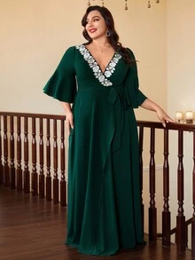 Asymmetrical Hem Cross Over Lace Contrast V-Neck Flare Long Sleeve Dress With Ruffle Enhancement - Dark Green - View 6
