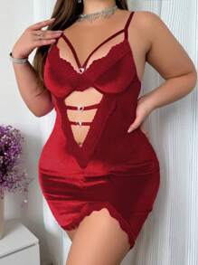 SHEIN Plus Size Lace Splicing Thigh High Slit Velvet Sleep Dress Pajama Dress - Burgundy - View 3
