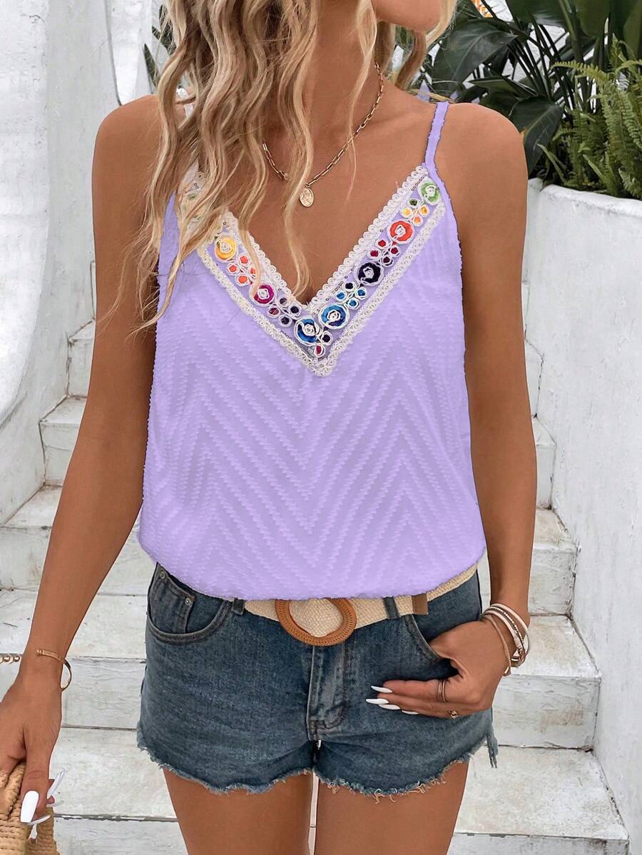 SHEIN LUNE Lace Colorful Embroidery Spliced V-Neck Camisole With Spaghetti Straps, Casual Vacation Style - Purple - View 1