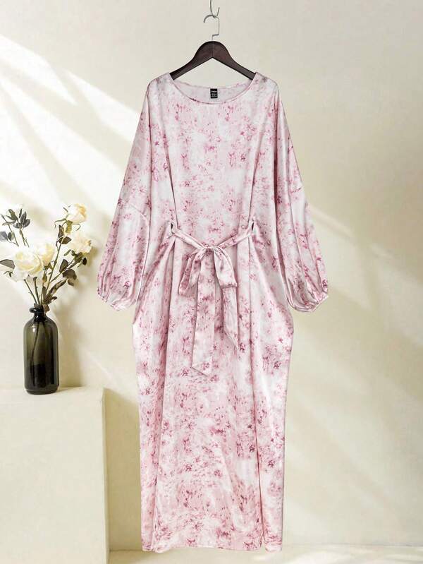 Lacomfia 女士圆领印花腰带长袖土耳其束腰外衣和阿拉伯传统连衣裙
