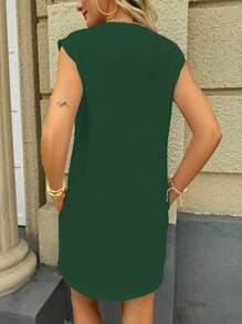 INAWLY Solid Slant Pocket Tunic Dress - Green - View 2