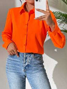 SHEIN Clasi Solid Long Sleeves Button Front Orange Shirt For Spring Summer - Orange - View 6