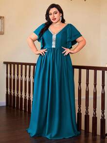 Magicy V-Neck Double-Layer Flared Sequin Puff Sleeve Ribbon Dress - Blue - View 5