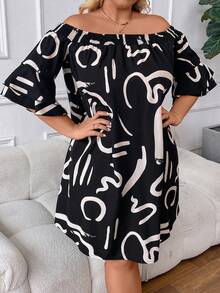 SHEIN CURVE+ Vestido midi de talla grande para mujer con pliegues y estampado - Negro - Ver 5