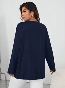 SHEIN Essnce 大尺碼女士休閒圓領垂肩袖字母印花T恤，適用於春夏季節 - 藏蓝色 - 查看 2