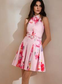 Anewsta Women's Short Pink Flower Printed Dress - Pink - View 3