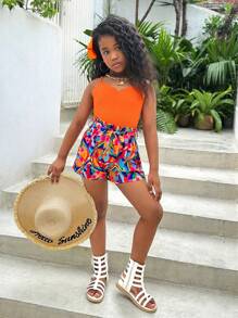 Tween Girls Vacation & Casual Spring/Summer Knitted Spliced Woven Ditsy Floral Jumpsuit With Straps - Burnt Orange - View 5
