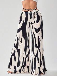 SHEIN SXY 女士幾何印花闊腳鬆緊帶寬鬆休閒褲 - 黑與白 - 查看 7