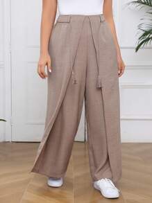 Mulvari Urlaubshose für Damen Große Größen, einfarbig mit Patchwork Quasten, weites Bein und lockerer Passform - Kamelfarben - Übersicht 6