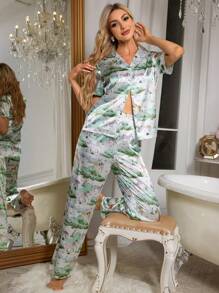 LuxeNights Pyjama-Set aus Satin-Kurzarmhemd mit Knöpfen und Tier- und PflanzenMuster und Lange Hose