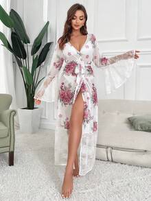 Floral Printed Mesh Long Nightgown With Lace Patchwork
