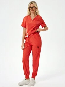SHEIN TaskFit Women's Plain Simple Daily Short Sleeve Top And Long Pants Uniform Set, Scrub Set - Coral Orange - View 1