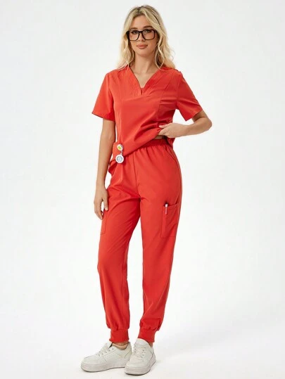 SHEIN TaskFit Women's Plain Simple Daily Short Sleeve Top And Long Pants Uniform Set, Scrub Set