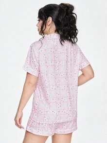ROMWE Kawaii Conjunto de pijama para mujer con corbata de moño estilo retro y parte superior a flores con cuello y mangas cortas y pantalones cortos - Rosa - Ver 4
