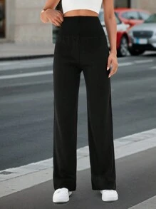 SHEIN Tall Solid Wide Leg Knit Pants - Black - View 6