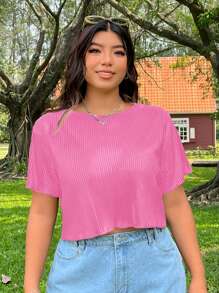 SHEIN EZwear Camiseta casual de manga corta y cuello redondo en unicolor para mujeres de talla grande, verano