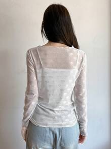 DAZY 女士春夏蝴蝶网纱透视长袖圆领上衣外出上衣长袖女上衣 - 白色 - 查看 8