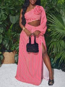 Slaydiva Elegant Striped 3D Floral Dress For Vacation - Red - View 7