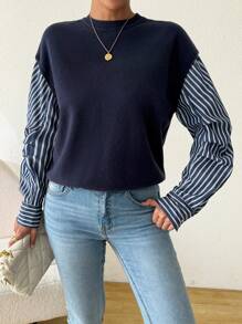 SHEIN Essnce 2024 New Fashion Women Striped Patchwork 2 In 1 Knit Shirt Sweater, Fall Top Long Sleeve - Multicolor - View 5